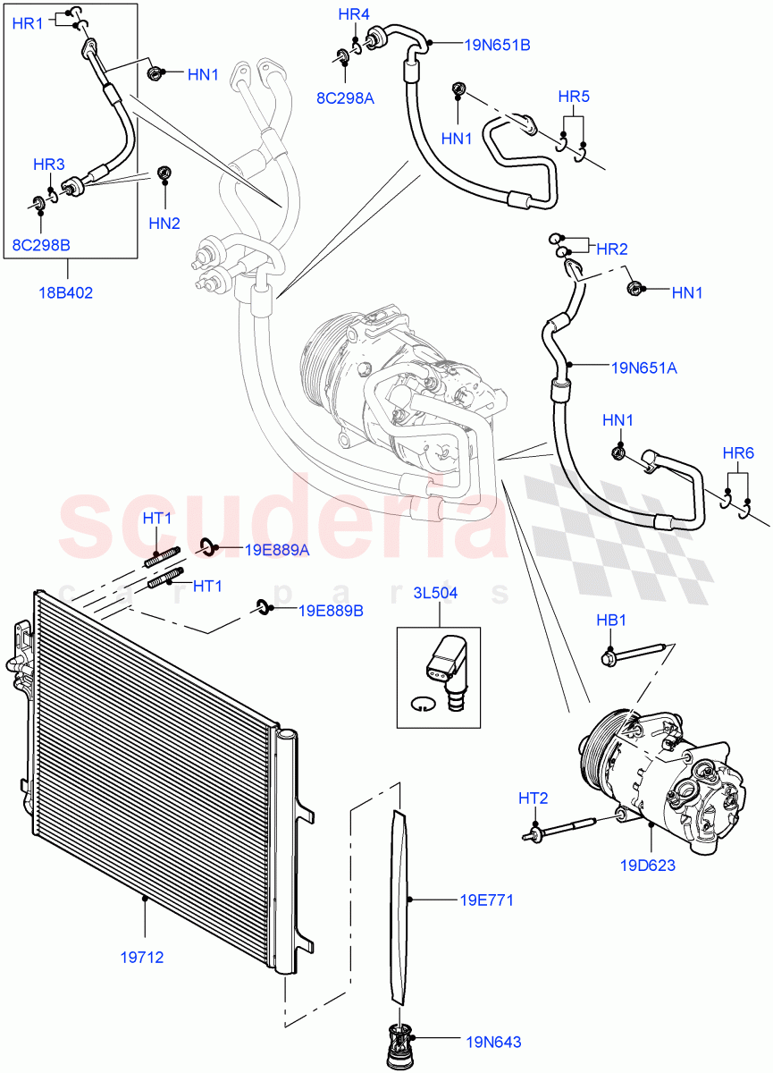 Air Conditioning Condensr/Compressr (2.0L I4 DSL MID DOHC AJ200, Halewood (UK), 2.0L I4 Mid DOHC AJ200 Petrol, 2.0L I4 High DOHC AJ200 Petrol, 2.0L I4 DSL HIGH DOHC AJ200, 2.0L I4 Mid AJ200 Petrol E100) ((V) FROMGH000001) of Land Rover Land Rover Discovery Sport (2015+) [2.0 Turbo Petrol AJ200P]