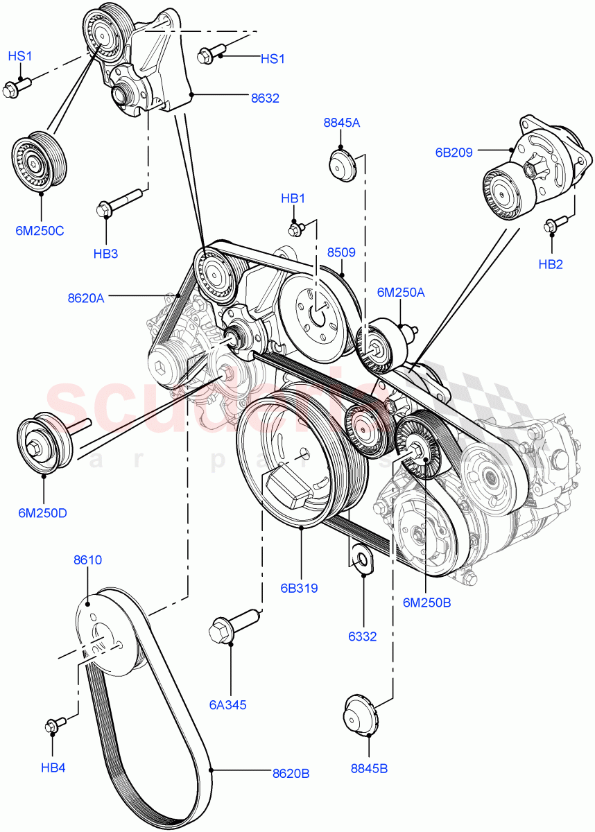 Pulleys And Drive Belts (4.4L DOHC DITC V8 Diesel) ((V) FROMBA000001) of Land Rover Land Rover Range Rover (2010-2012) [4.4 DOHC Diesel V8 DITC]