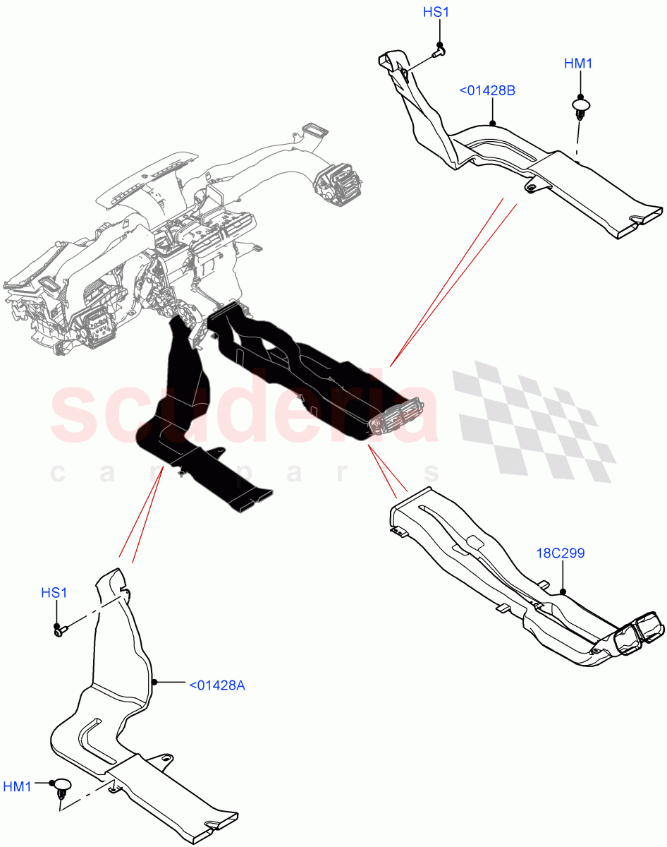 Air Vents, Louvres And Ducts (Internal Components, Floor) (With Front Comfort Air Con (IHKA)) ((V) TOMA999999) of Land Rover Land Rover Range Rover Velar (2017+) [3.0 I6 Turbo Diesel AJ20D6]