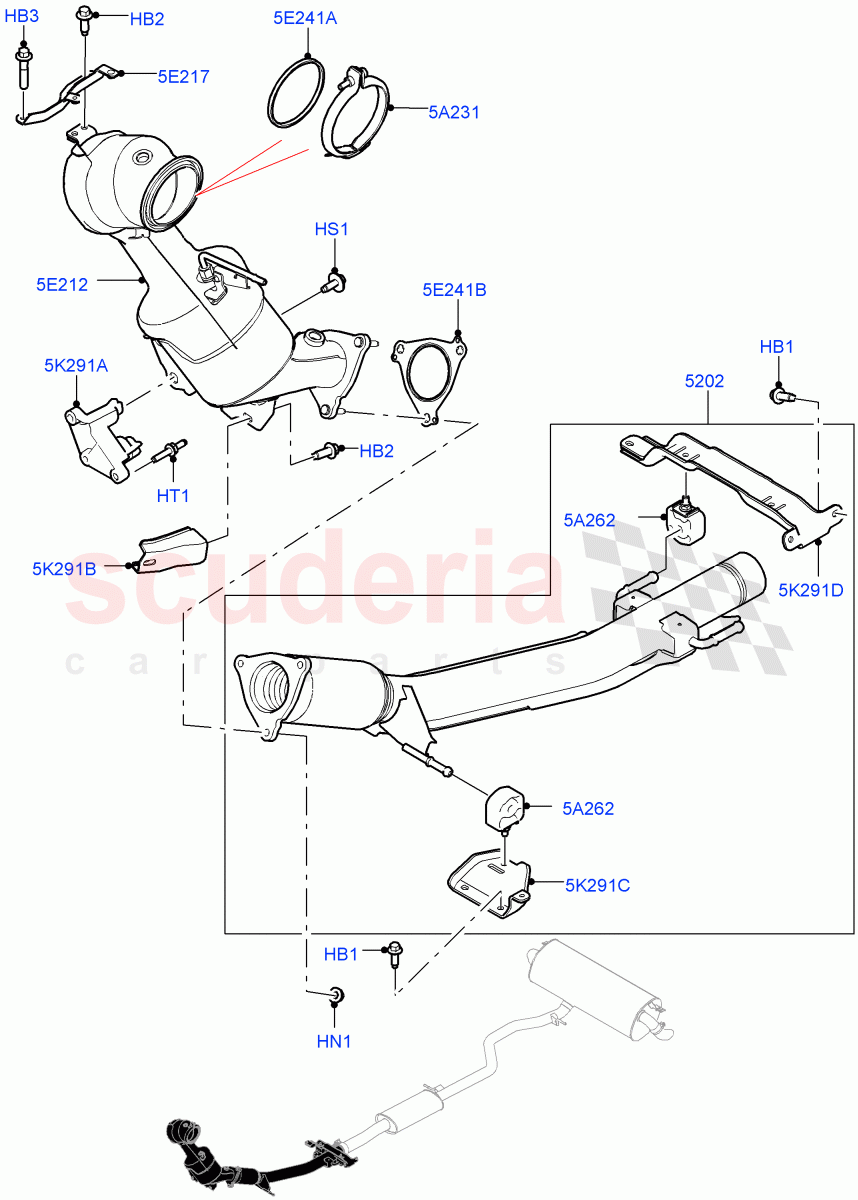 Front Exhaust System (2.0L AJ20P4 Petrol Mid PTA, Beijing 6 Petrol Emission, Halewood (UK), 2.0L AJ20P4 Petrol High PTA, China N6B (Petrol) - Compliance, 2.0L AJ20P4 Petrol E100 PTA, EU6C Emission, EU6D - Final (Petrol) Emission) ((V) TOLH999999) of Land Rover Land Rover Range Rover Evoque (2019+) [2.0 Turbo Petrol AJ200P]