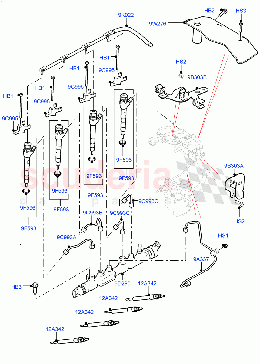 Fuel Injectors And Pipes (Solihull Plant Build) (2.0L I4 DSL MID DOHC AJ200, 2.0L I4 DSL HIGH DOHC AJ200) ((V) FROMHA000001) of Land Rover Land Rover Discovery 5 (2017+) [2.0 Turbo Diesel]