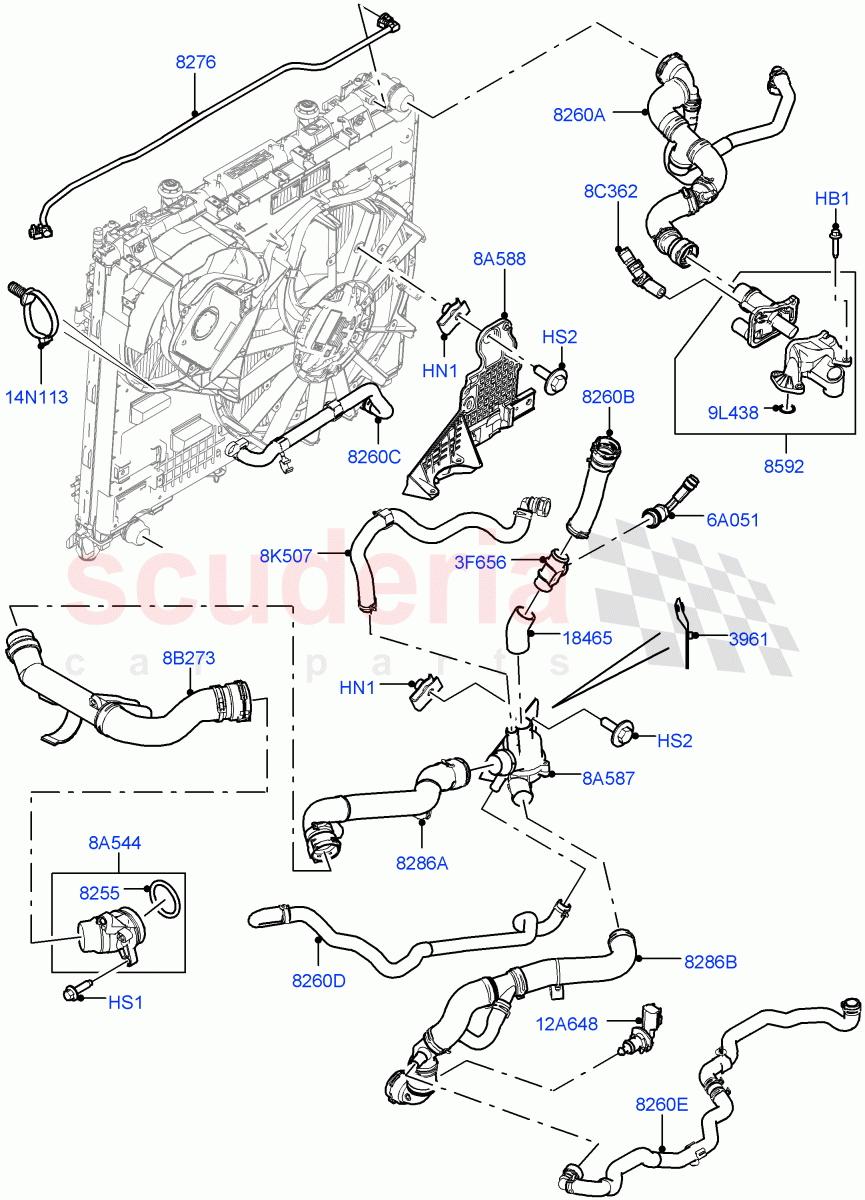 Cooling System Pipes And Hoses (Engine) (3.0 V6 D Gen2 Mono Turbo, 8 Speed Auto Trans ZF 8HP70 4WD, (+) "CDN/MEX/USA", Crankcase Pressure Sensor, 3.0 V6 D Gen2 Twin Turbo) ((V) FROMGA000001, (V) TOJA999999) of Land Rover Land Rover Range Rover Sport (2014+) [3.0 Diesel 24V DOHC TC]