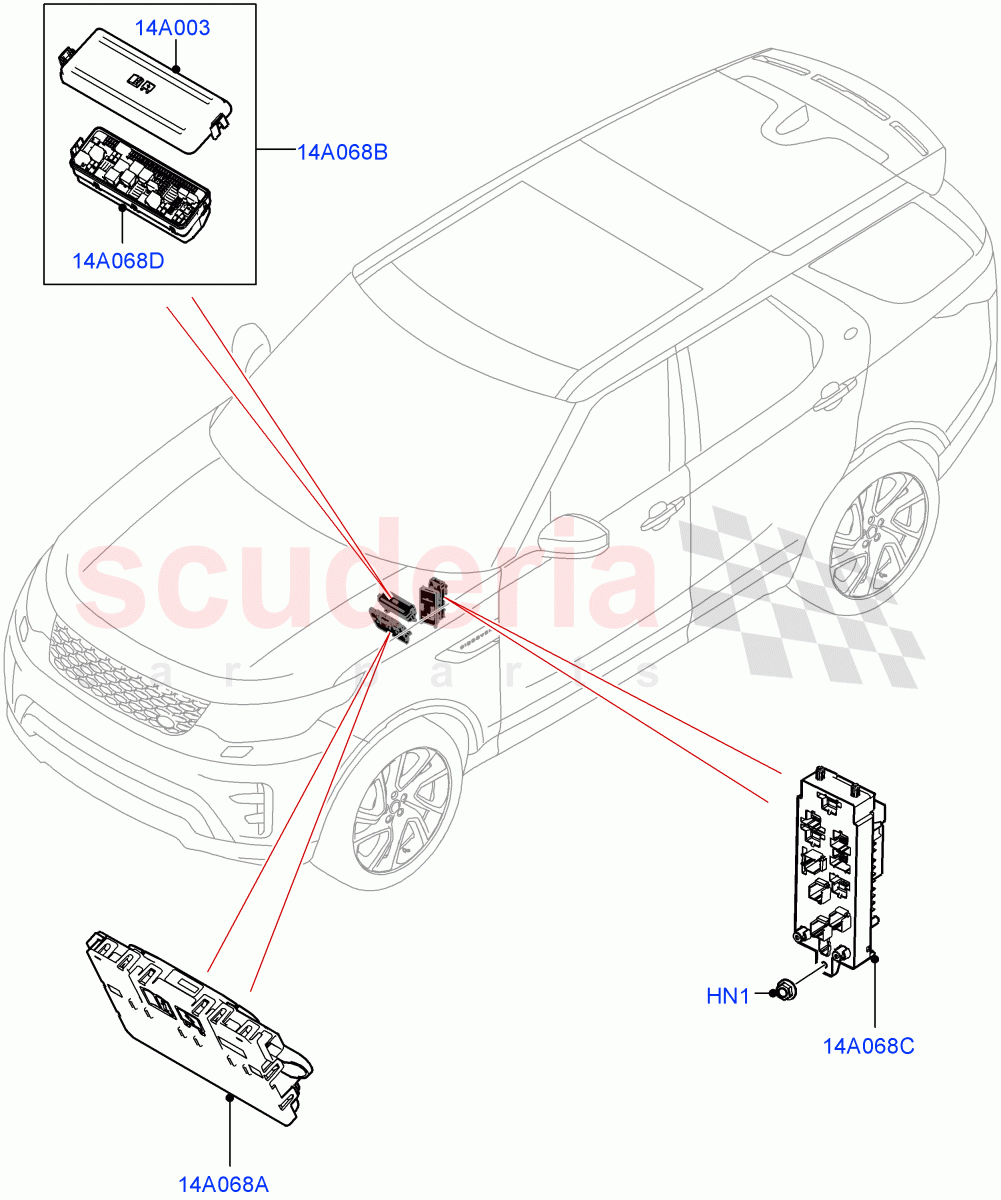 Fuses, Holders And Circuit Breakers (Nitra Plant Build, Front) ((V) FROMK2000001) of Land Rover Land Rover Discovery 5 (2017+) [3.0 Diesel 24V DOHC TC]