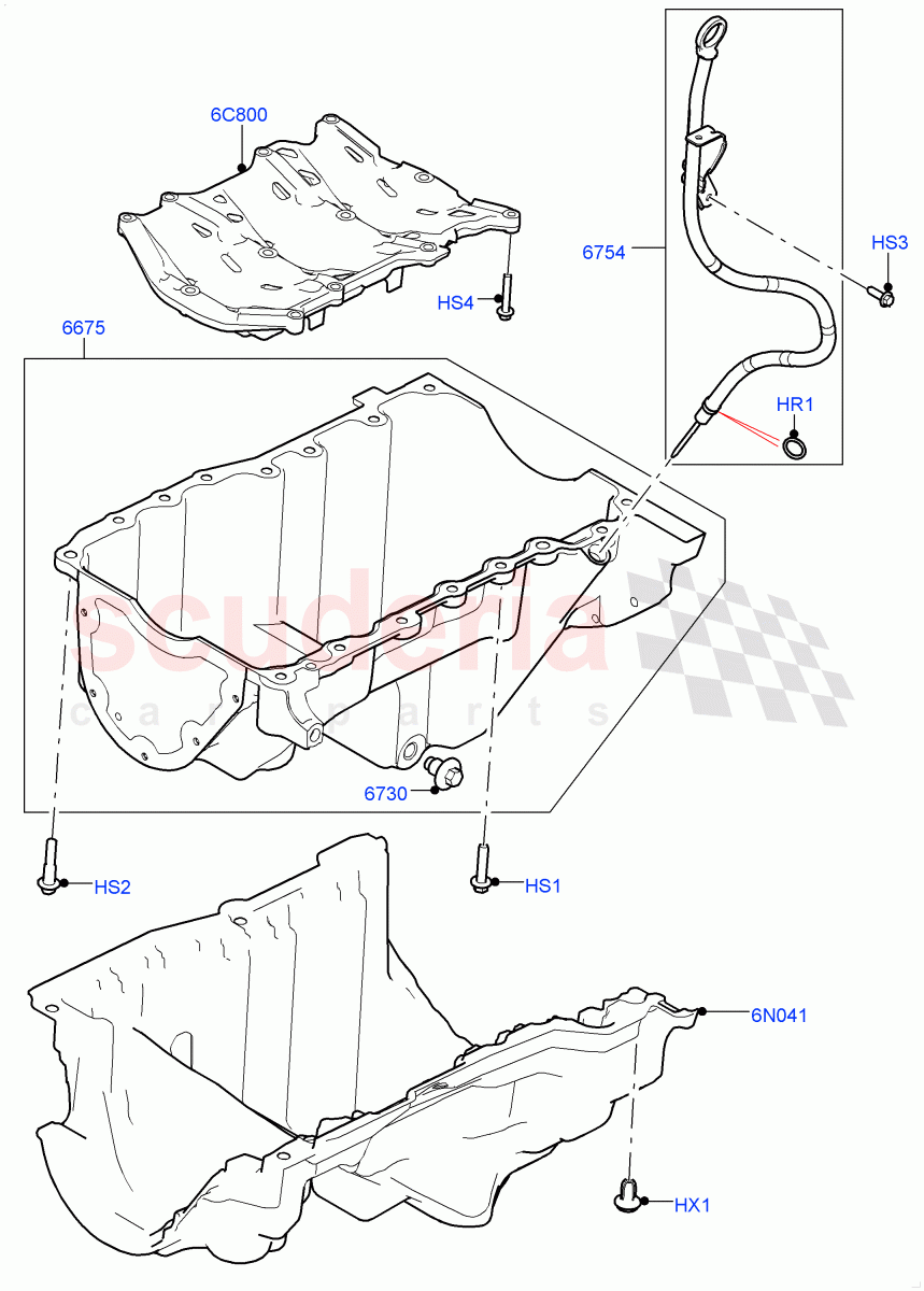 Oil Pan/Oil Level Indicator (Solihull Plant Build) (2.0L I4 High DOHC AJ200 Petrol, 2.0L AJ200P Hi PHEV) ((V) FROMJA000001) of Land Rover Land Rover Discovery 5 (2017+) [2.0 Turbo Petrol AJ200P]