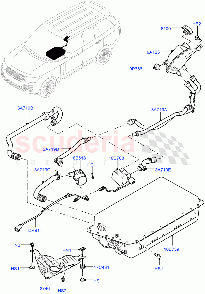Hybrid Electrical Modules (Battery And Cooling) (3.0 V6 D Gen2 Twin Turbo, 8 Speed Auto Trans ZF 8HP70 HEV 4WD, 3.0 V6 D Gen2 Mono Turbo, 3.0 V6 Diesel Electric Hybrid Eng) ((V) FROMEA000001) of Land Rover Land Rover Range Rover (2012-2021) [5.0 OHC SGDI NA V8 Petrol]