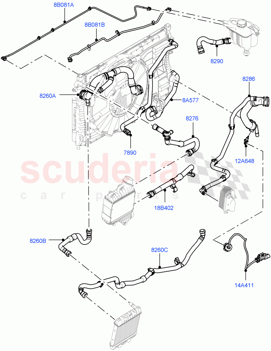 Cooling System Pipes And Hoses (2.0L AJ20P4 Petrol E100 PTA, Halewood (UK), Extra High Engine Cooling, Less Active Tranmission Warming, 2.0L AJ20P4 Petrol Mid PTA) of Land Rover Land Rover Discovery Sport (2015+) [2.0 Turbo Petrol AJ200P]