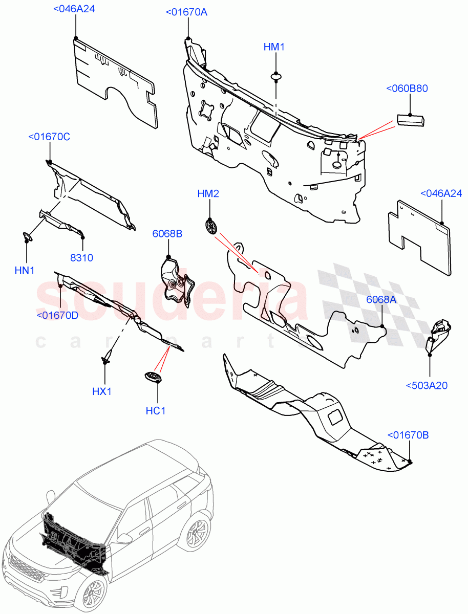 Insulators - Front (Passenger Compartment) (Changsu (China)) of Land Rover Land Rover Range Rover Evoque (2019+) [2.0 Turbo Diesel AJ21D4]