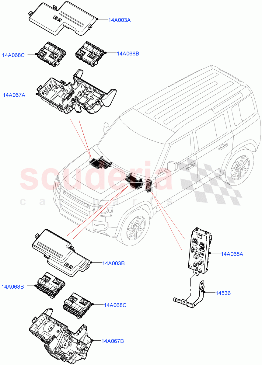 Fuses, Holders And Circuit Breakers (Front) of Land Rover Land Rover Defender (2020+) [3.0 I6 Turbo Petrol AJ20P6]