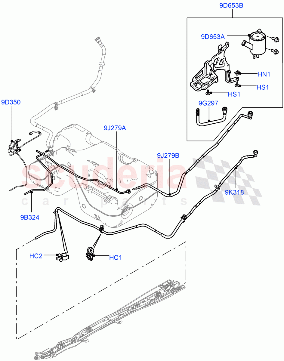 Fuel Lines (Rear) (5 Door, 2.0L 16V TIVCT T/C Gen2 Petrol, Stage V European Emissions, Halewood (UK), EU2, Euro Stage 4 Emissions, 3 Door, 2.0L 16V TIVCT T/C 240PS Petrol, EU6 Emissions, Proconve L5 Brazil) of Land Rover Land Rover Range Rover Evoque (2012-2018) [2.0 Turbo Petrol GTDI]