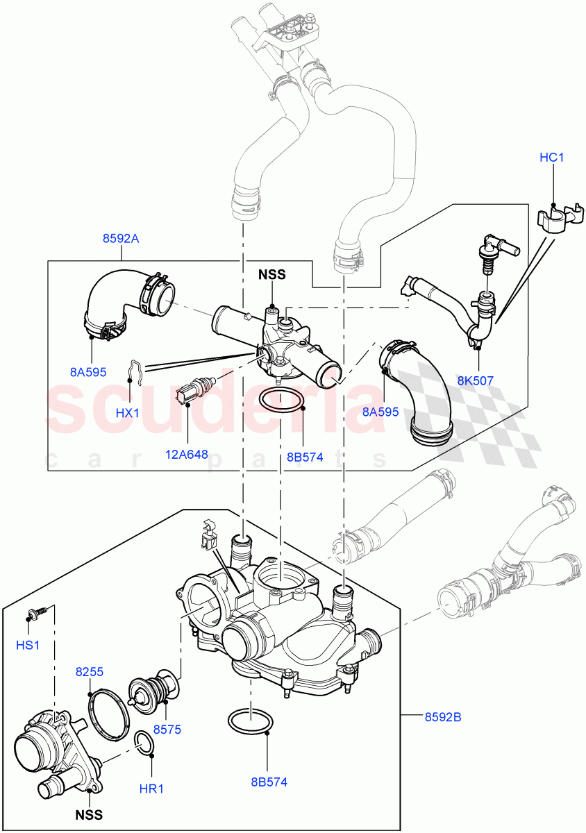 Thermostat/Housing & Related Parts (4.4L DOHC DITC V8 Diesel) of Land Rover Land Rover Range Rover Sport (2014+) [4.4 DOHC Diesel V8 DITC]