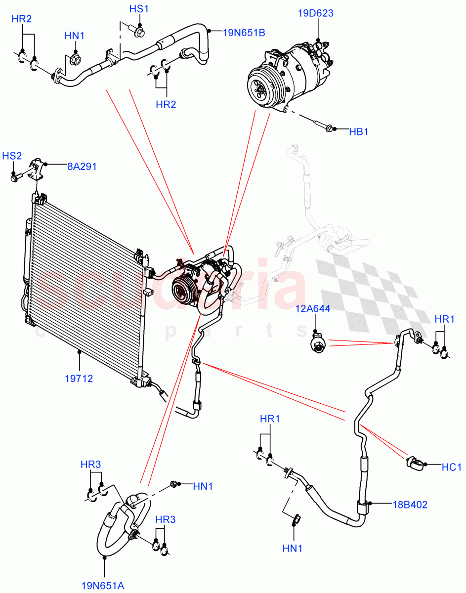 Air Conditioning Condensr/Compressr (Front, Nitra Plant Build) (2.0L I4 DSL MID DOHC AJ200, 2.0L I4 High DOHC AJ200 Petrol, 2.0L I4 DSL HIGH DOHC AJ200) ((V) FROMK2000001, (V) TOL2999999) of Land Rover Land Rover Discovery 5 (2017+) [3.0 Diesel 24V DOHC TC]