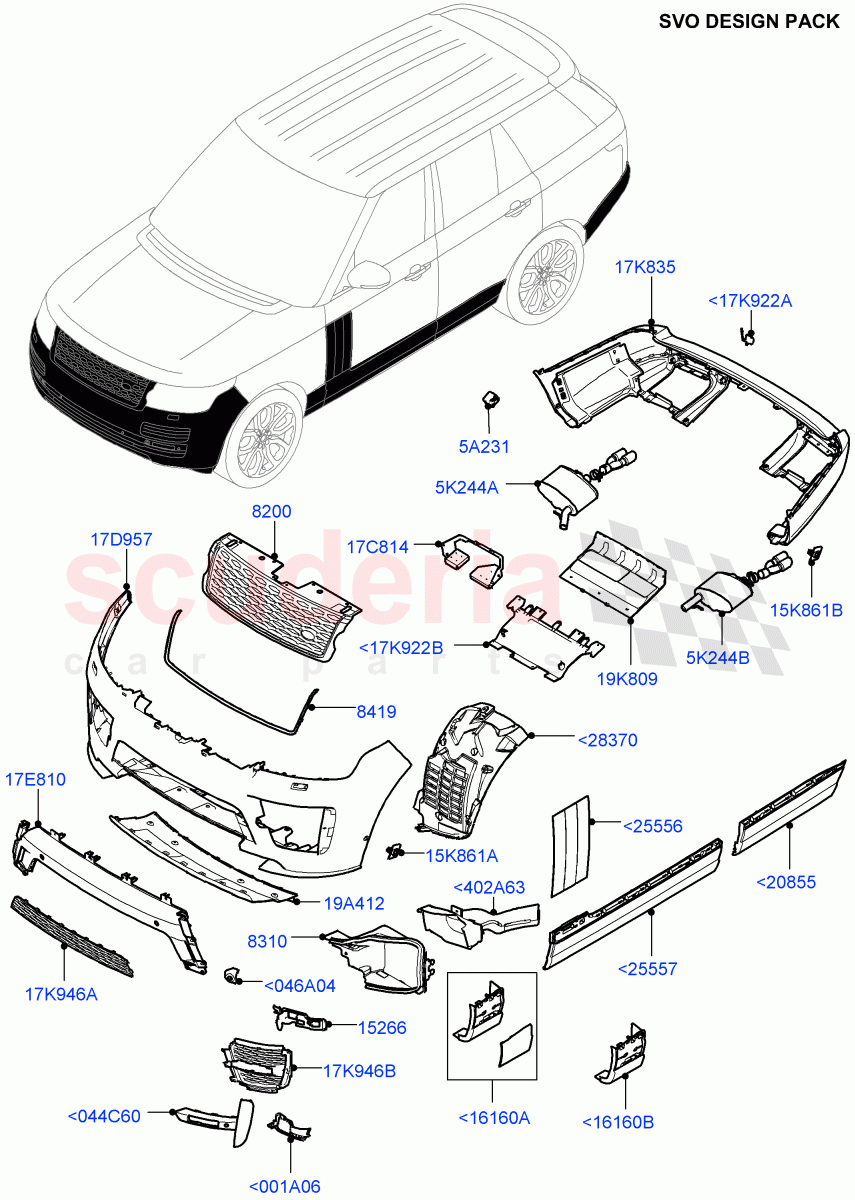 Exterior Body Styling Items (SVO Design Pack Service Components) (Standard Wheelbase, Diesel/Electric - Hybrid, Less Electric Engine Battery, With Front Fog Lamps, With Diesel Fuel Capability, For Unleaded Fuel) of Land Rover Land Rover Range Rover (2012-2021) [3.0 I6 Turbo Petrol AJ20P6]