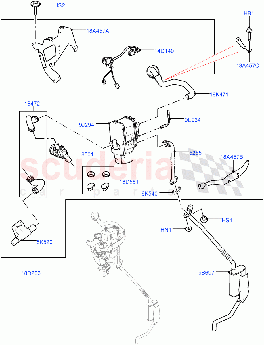 Auxiliary Fuel Fired Pre-Heater (Nitra Plant Build) (3.0 V6 D Low MT ROW, With Fuel Fired Heater, 2.0L I4 DSL MID DOHC AJ200, 2.0L I4 DSL HIGH DOHC AJ200, 3.0 V6 D Gen2 Mono Turbo) ((V) FROMK2000001, (V) TOL2999999) of Land Rover Land Rover Discovery 5 (2017+) [3.0 I6 Turbo Diesel AJ20D6]