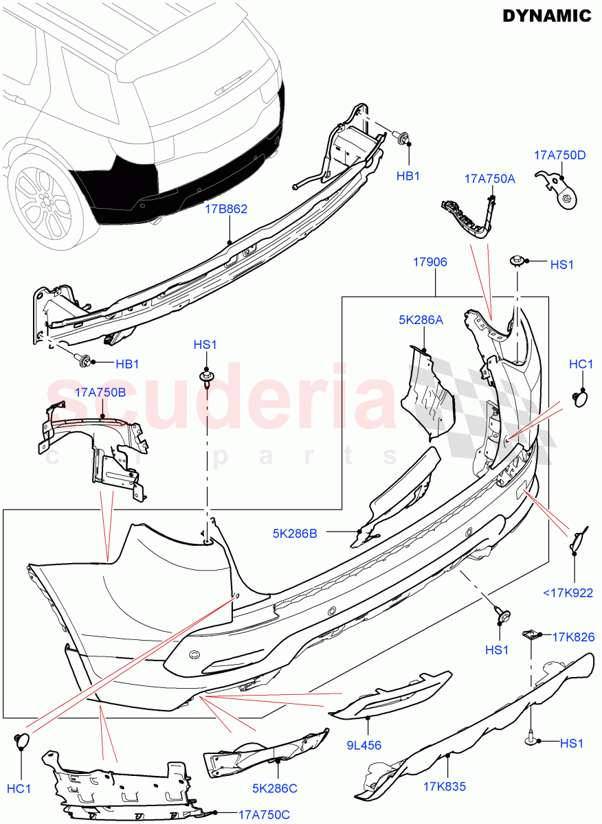 Rear Bumper (Dynamic Pack) (Halewood (UK), Front Bumper - Sport - Body Colour, Rear Bumper - Sport - Body Colour) ((V) FROMGH000001, (V) TOKH999999) of Land Rover Land Rover Discovery Sport (2015+) [2.0 Turbo Petrol AJ200P]