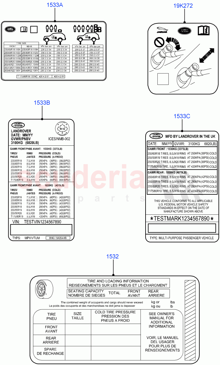 Labels (Tyre Pressure Label) of Land Rover Land Rover Range Rover Velar (2017+) [3.0 I6 Turbo Diesel AJ20D6]