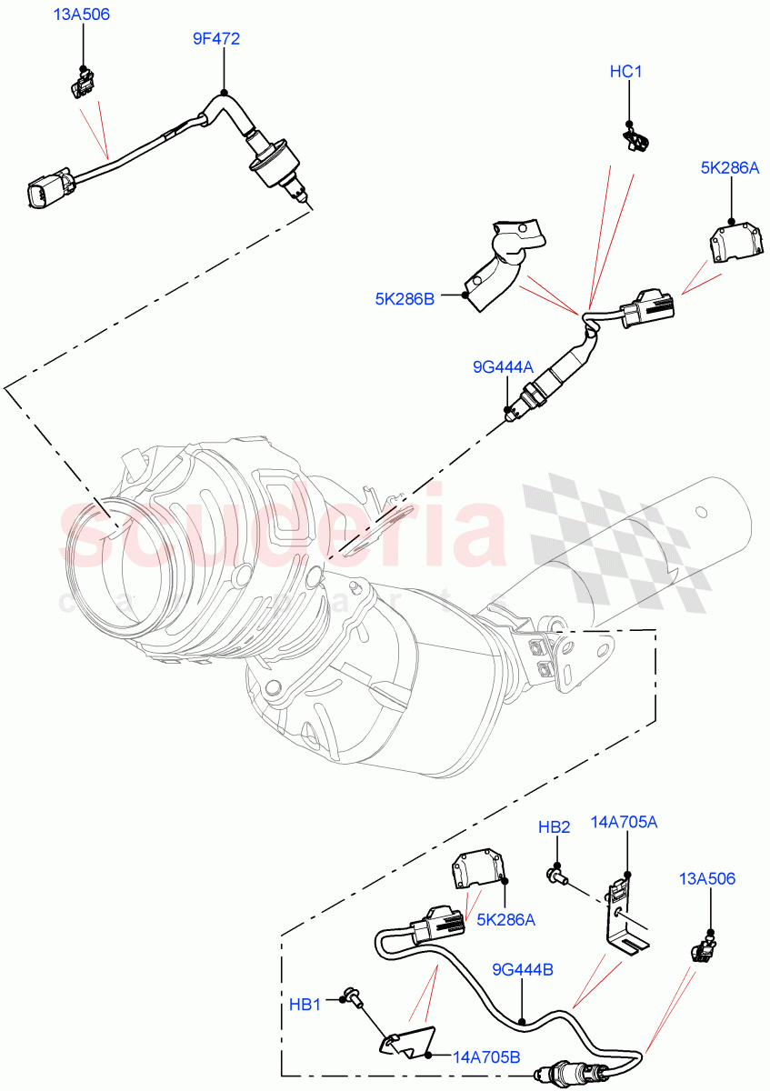 Exhaust Sensors And Modules (3.0L AJ20P6 Petrol High, Stage V European Emissions, Proconve L6 Emissions, SULEV Requirements, EU2) ((V) FROMMA000001) of Land Rover Land Rover Range Rover Velar (2017+) [3.0 I6 Turbo Petrol AJ20P6]