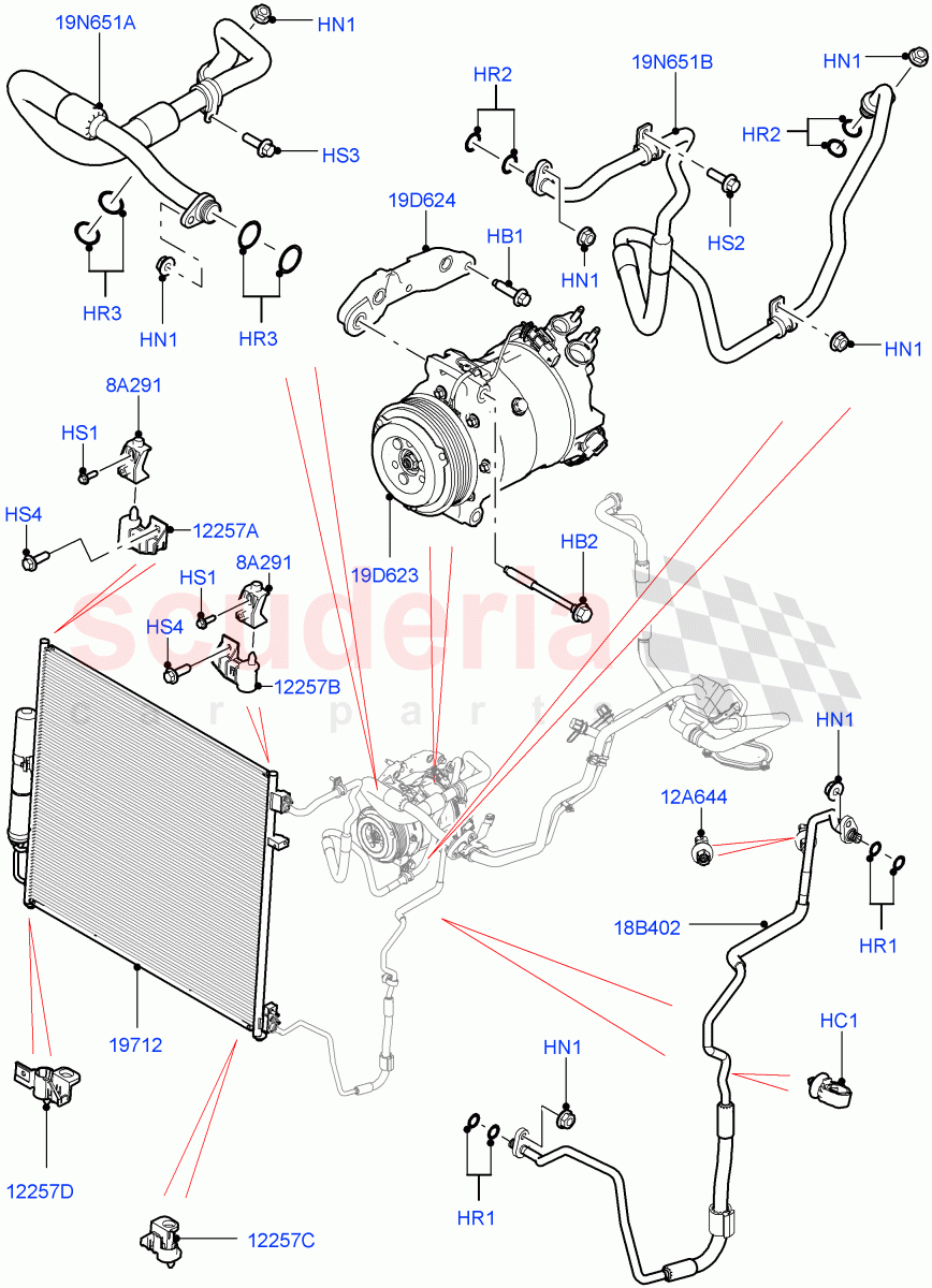 Air Conditioning Condensr/Compressr (Front, Nitra Plant Build) (3.0 V6 D Gen2 Mono Turbo, 3.0 V6 D Gen2 Twin Turbo, 3.0 V6 D Low MT ROW) ((V) FROMK2000001, (V) TOL2999999) of Land Rover Land Rover Discovery 5 (2017+) [2.0 Turbo Petrol AJ200P]