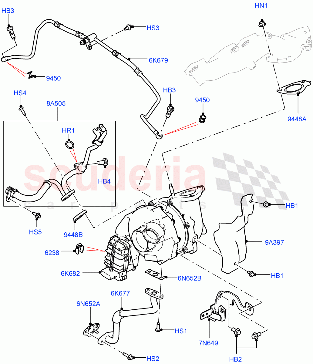 Turbocharger (Solihull Plant Build, LH Side - Primary) (3.0 V6 D Gen2 Twin Turbo) ((V) FROMFA000001) of Land Rover Land Rover Discovery 4 (2010-2016) [3.0 Diesel 24V DOHC TC]