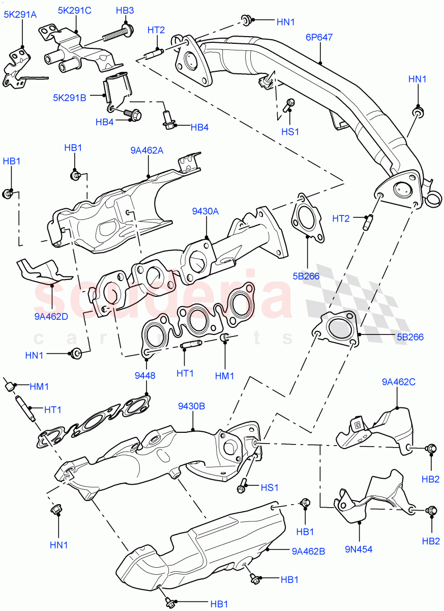 Exhaust Manifold (Solihull Plant Build) (3.0L 24V DOHC V6 TC Diesel, 3.0L 24V V6 Turbo Diesel Std Flow, 3.0 V6 D Low MT ROW, 3.0 V6 Diesel Electric Hybrid Eng, 3.0 V6 D Gen2 Mono Turbo) ((V) FROMAA000001) of Land Rover Land Rover Range Rover Sport (2014+) [3.0 Diesel 24V DOHC TC]