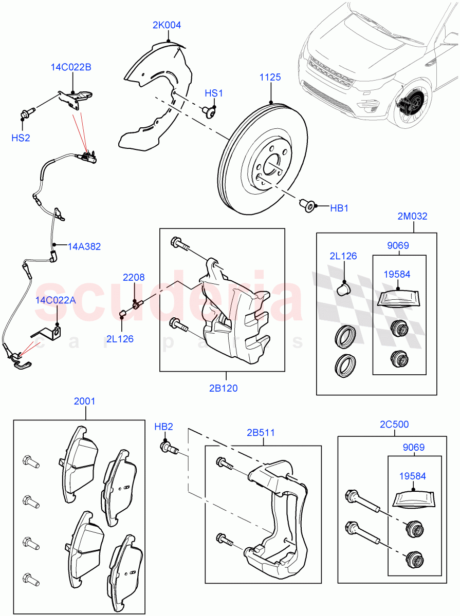 Front Brake Discs And Calipers (Halewood (UK), Disc And Caliper Size-Frt 18/RR 17, Front Disc And Caliper Size 18, Disc And Caliper Size-Frt 18/RR 16) ((V) FROMHH000001, (V) TOKH999999) of Land Rover Land Rover Discovery Sport (2015+) [2.2 Single Turbo Diesel]