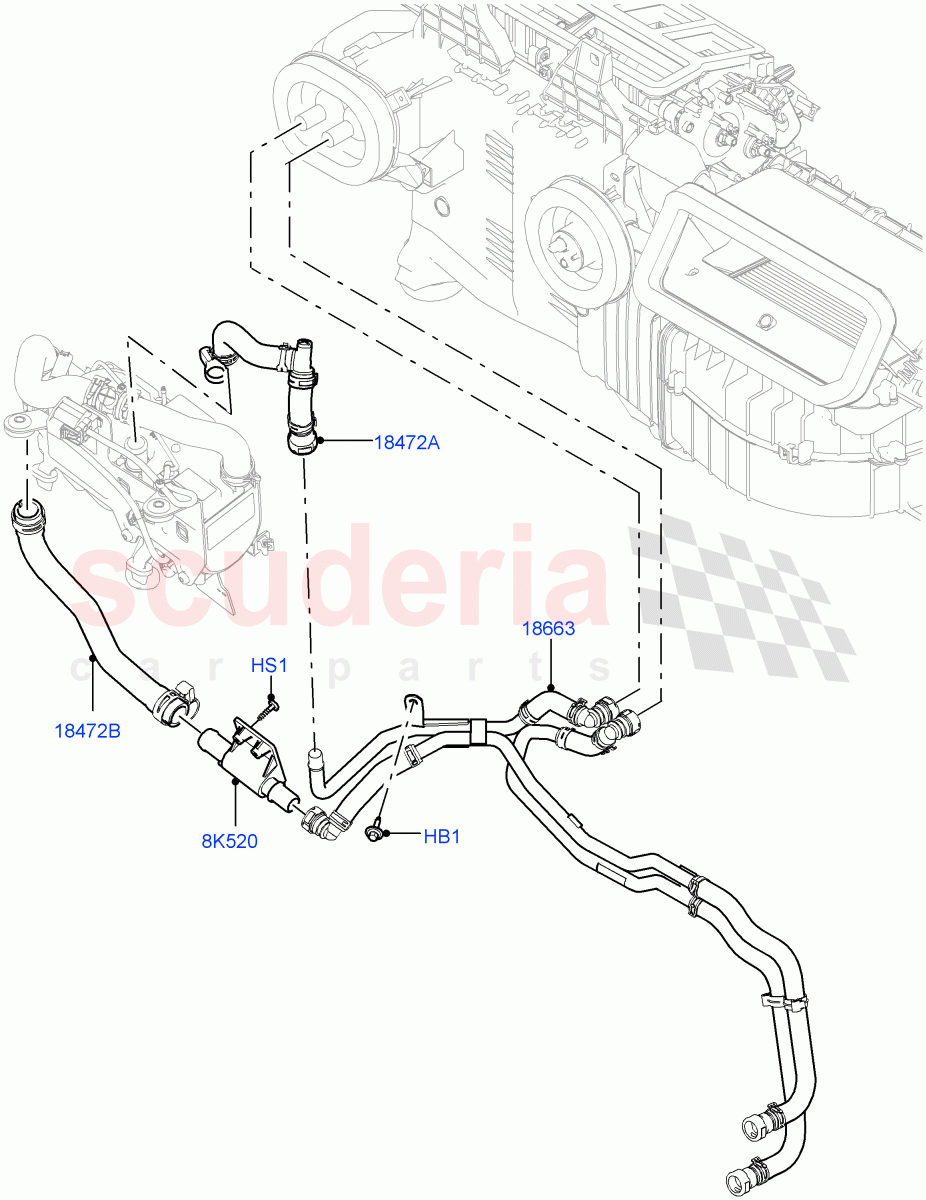 Heater Hoses (Solihull Plant Build) (2.0L I4 DSL HIGH DOHC AJ200, With Fuel Fired Heater, With Front Comfort Air Con (IHKA), Less Park Heating, 2.0L I4 DSL MID DOHC AJ200, With Manual Air Conditioning) ((V) FROMHA000001, (V) TOHA999999) of Land Rover Land Rover Discovery 5 (2017+) [3.0 I6 Turbo Diesel AJ20D6]
