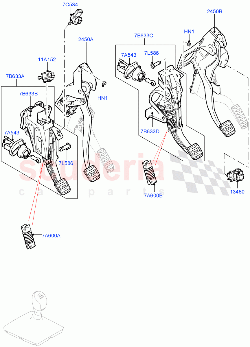 Brake And Clutch Controls (6 Speed Manual Trans M66 - AWD, Halewood (UK), Unique Met Finish Foot Pedals Pads, 6 Speed Manual Trans-JLR M66 2WD, 6 Speed Manual Trans BG6) ((V) FROMGH000001) of Land Rover Land Rover Discovery Sport (2015+) [1.5 I3 Turbo Petrol AJ20P3]
