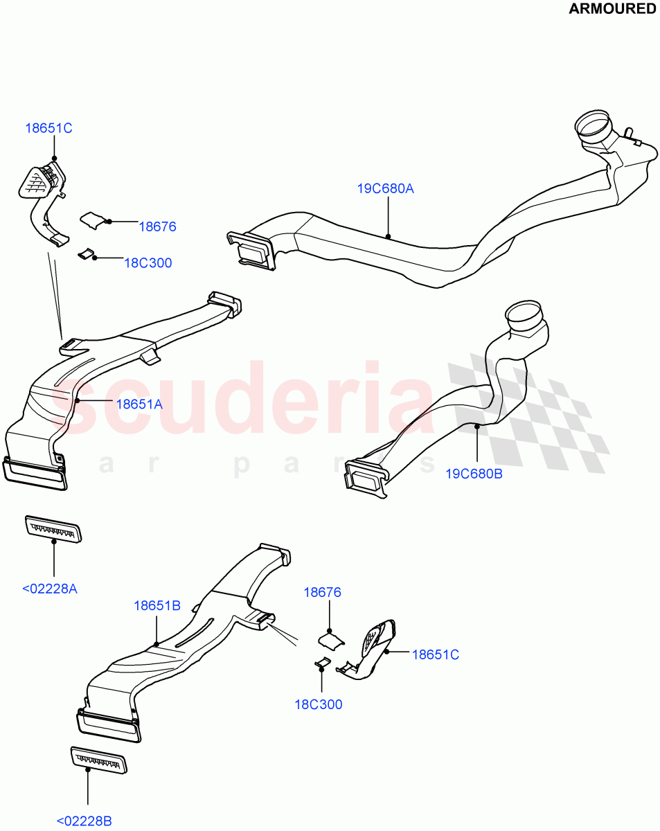 Air Vents, Louvres And Ducts (Under Rear Seat) (Armoured, Premium Air Con Hybrid Front/Rear, With Air Conditioning - Front/Rear) ((V) FROMEA000001) of Land Rover Land Rover Range Rover (2012-2021) [2.0 Turbo Petrol AJ200P]