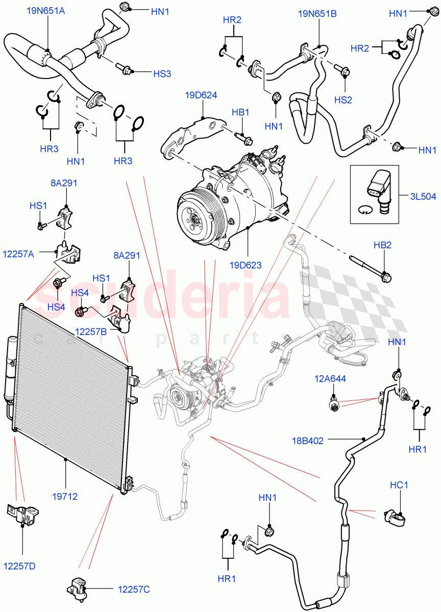 Air Conditioning Condensr/Compressr (Front, Solihull Plant Build) (3.0 V6 D Low MT ROW, 3.0 V6 D Gen2 Twin Turbo, 3.0 V6 D Gen2 Mono Turbo) ((V) FROMHA000001) of Land Rover Land Rover Discovery 5 (2017+) [3.0 DOHC GDI SC V6 Petrol]