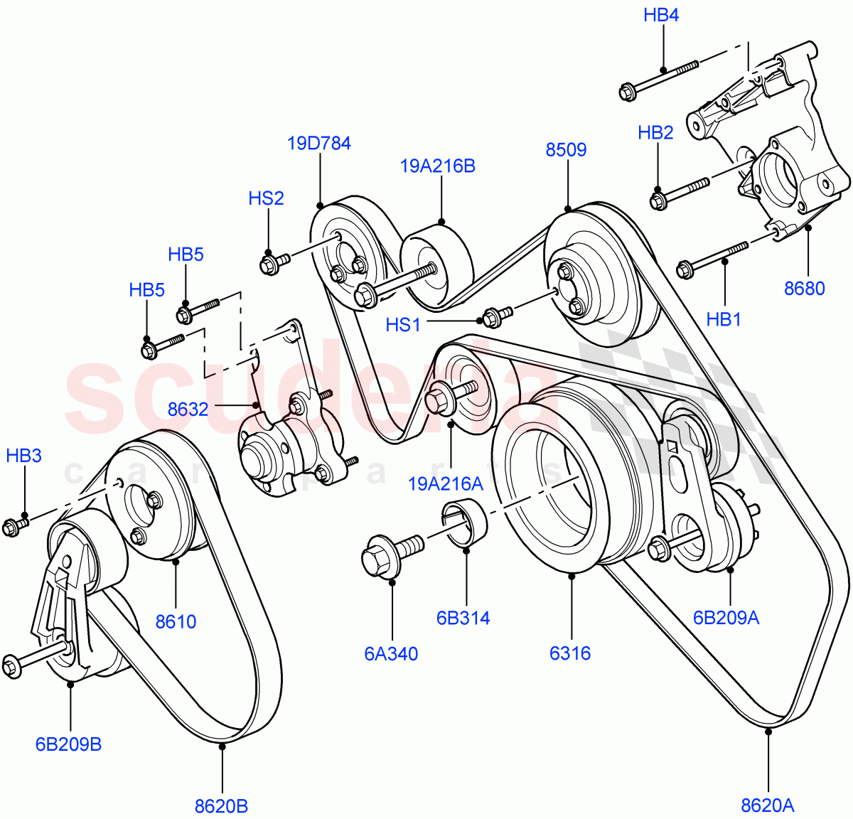 Pulleys And Drive Belts (AJ Petrol 4.4 V8 EFI (220KW), With Roll Stability Control) of Land Rover Land Rover Range Rover Sport (2005-2009) [4.4 AJ Petrol V8]