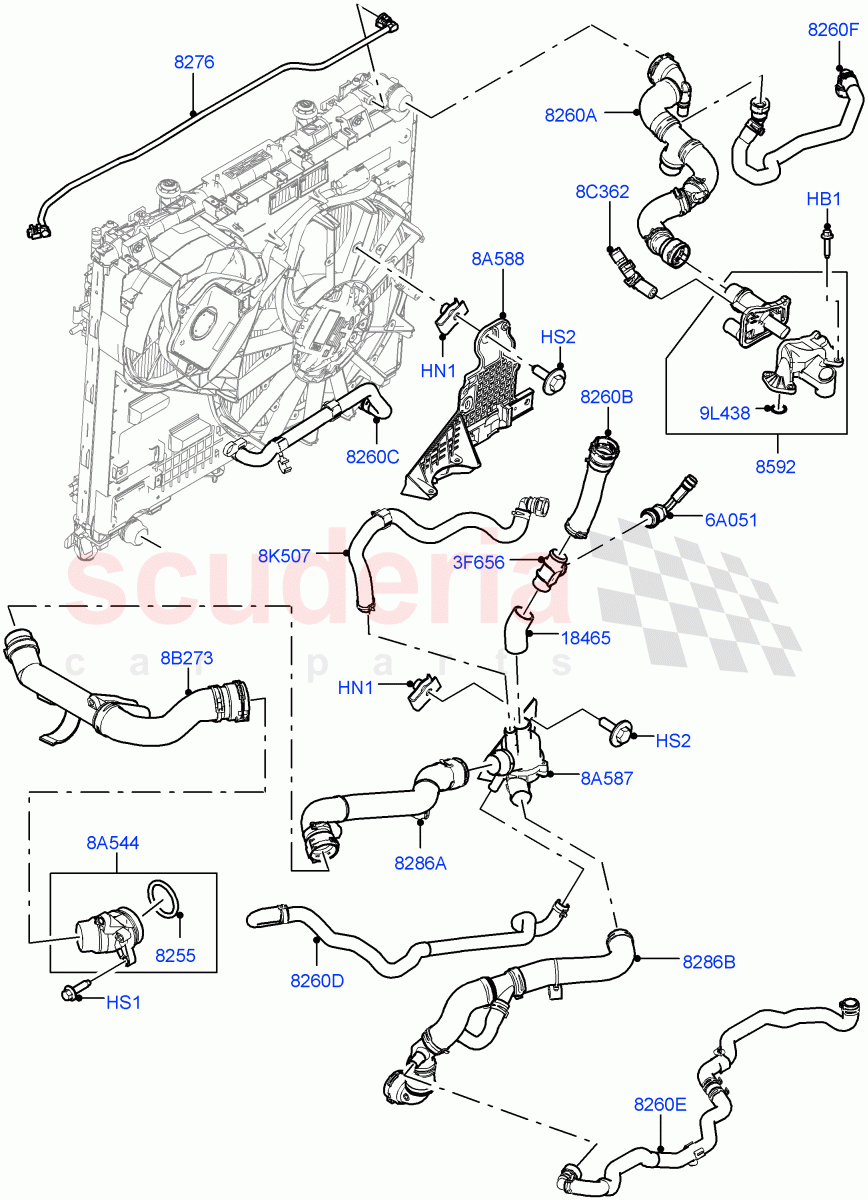 Cooling System Pipes And Hoses (Nitra Plant Build) (3.0 V6 D Gen2 Twin Turbo, With Standard Engine Cooling System, Immersion Heater - 700W / 110V) ((V) FROMK2000001) of Land Rover Land Rover Discovery 5 (2017+) [3.0 Diesel 24V DOHC TC]