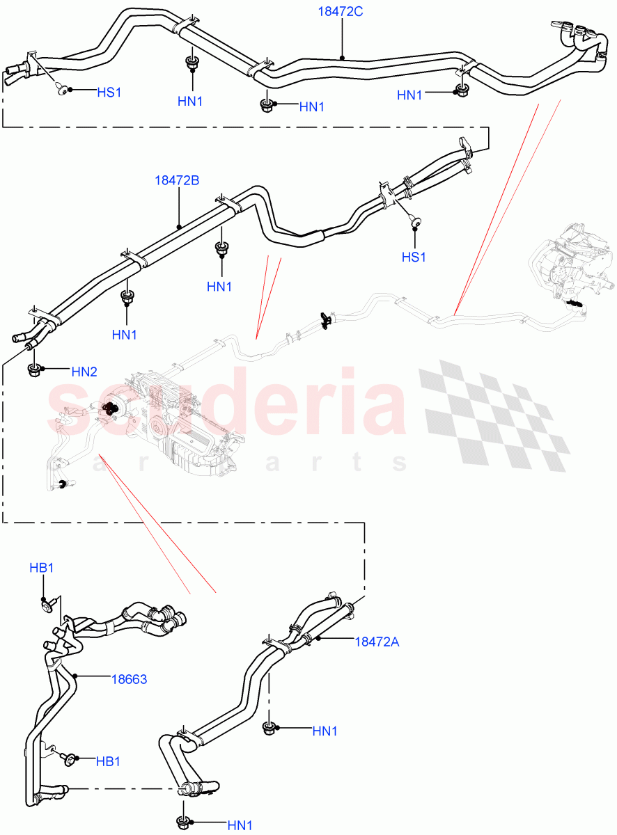 Heater Hoses (Rear) (3.0L DOHC GDI SC V6 PETROL, Premium Air Conditioning-Front/Rear, 3.0 V6 D Gen2 Twin Turbo, 5.0L P AJ133 DOHC CDA S/C Enhanced, 3.0 V6 D Low MT ROW, 3.0 V6 D Gen2 Mono Turbo, 5.0 Petrol AJ133 DOHC CDA, 4.4L DOHC DITC V8 Diesel) ((V) FROMKA000001) of Land Rover Land Rover Range Rover Sport (2014+) [3.0 Diesel 24V DOHC TC]