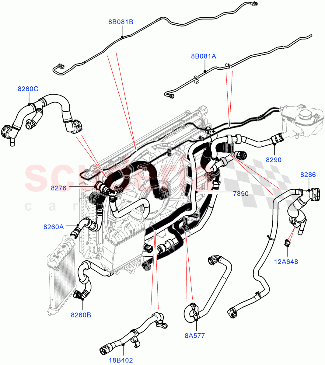 Cooling System Pipes And Hoses (2.0L I4 Mid DOHC AJ200 Petrol, Itatiaia (Brazil), With Extra Engine Cooling System, 2.0L I4 Mid AJ200 Petrol E100) ((V) FROMJT000001) of Land Rover Land Rover Range Rover Evoque (2012-2018) [2.0 Turbo Petrol AJ200P]
