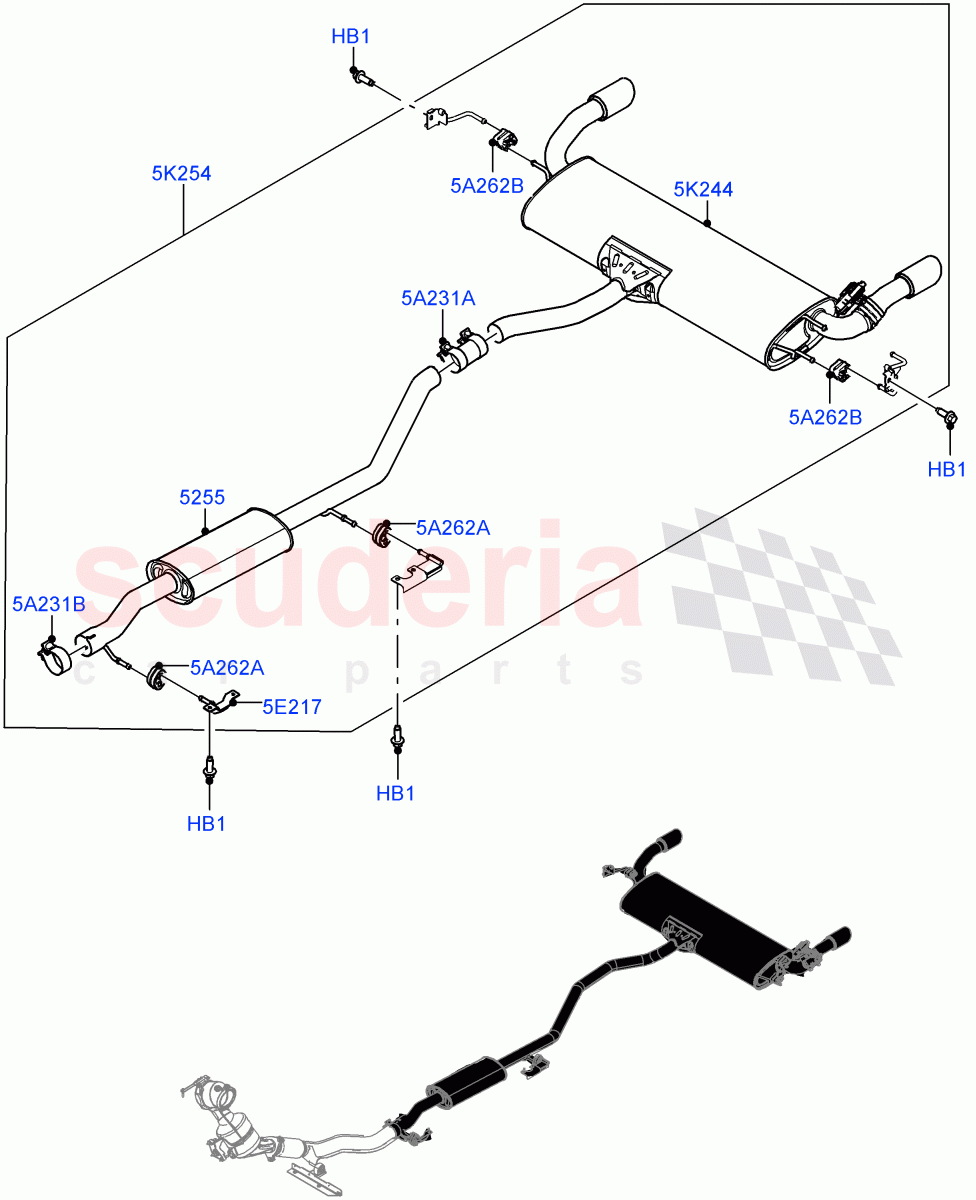 Rear Exhaust System (2.0L I4 Mid DOHC AJ200 Petrol, Itatiaia (Brazil), With 7 Seat Configuration, Instant Mobility System - High, Dual Exhaust, 2.0L I4 Mid AJ200 Petrol E100) ((V) FROMJT000001) of Land Rover Land Rover Discovery Sport (2015+) [2.0 Turbo Petrol AJ200P]