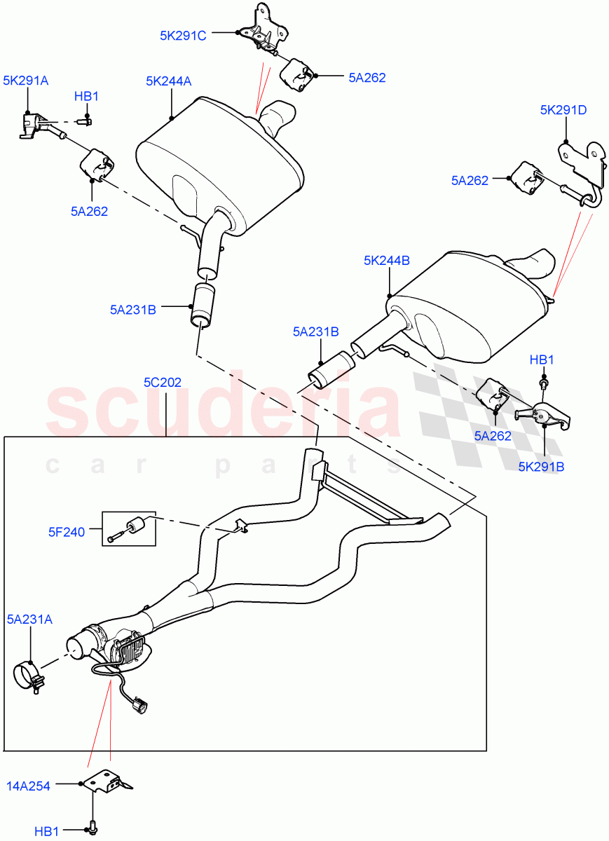 Rear Exhaust System (3.0 V6 D Gen2 Mono Turbo, Japanese Emission + DPF, EU6 + DPF Emissions, Proconve L6 Emissions, Stage V Plus DPF, LEV 160, 3.0 V6 D Gen2 Twin Turbo, EU6D Diesel + DPF Emissions) ((V) FROMJA000001) of Land Rover Land Rover Range Rover Sport (2014+) [3.0 Diesel 24V DOHC TC]