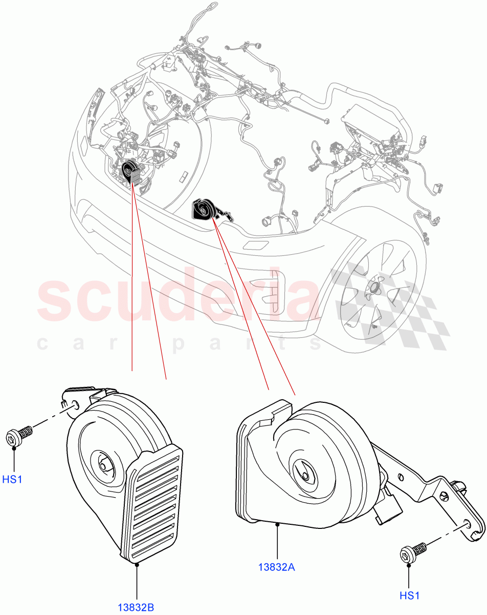 Battery Cables And Horn (Solihull Plant Build, Horn) ((V) FROMHA000001) of Land Rover Land Rover Discovery 5 (2017+) [3.0 Diesel 24V DOHC TC]