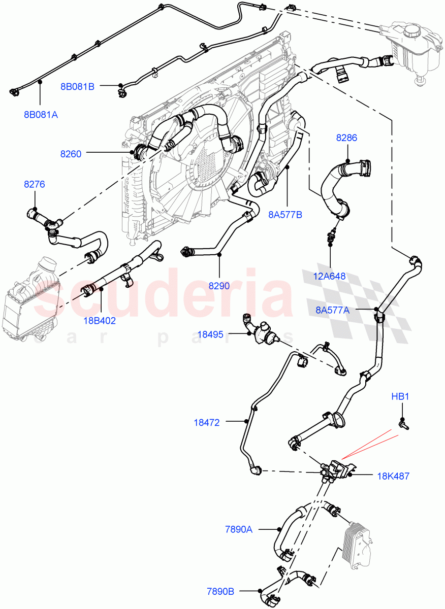 Cooling System Pipes And Hoses (2.0L AJ20P4 Petrol Mid PTA, Changsu (China), Low Engine Cooling, Active Tranmission Warming) of Land Rover Land Rover Range Rover Evoque (2019+) [2.0 Turbo Petrol AJ200P]