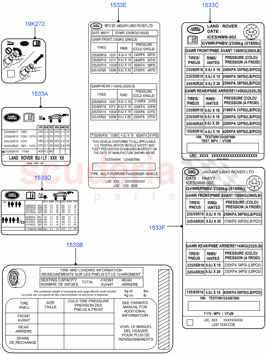 Labels (Tyre Pressure Label) (Halewood (UK)) of Land Rover Land Rover Range Rover Evoque (2012-2018) [2.0 Turbo Diesel]