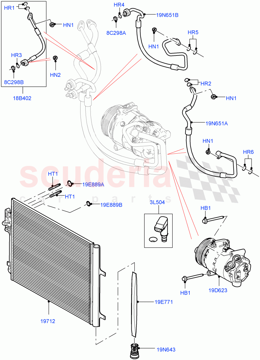 Air Conditioning Condensr/Compressr (2.0L I4 DSL MID DOHC AJ200, Itatiaia (Brazil), 2.0L I4 Mid DOHC AJ200 Petrol, 2.0L I4 DSL HIGH DOHC AJ200, 2.0L I4 Mid AJ200 Petrol E100, 2.0L AJ20D4 Diesel Mid PTA) ((V) FROMGT000001) of Land Rover Land Rover Discovery Sport (2015+) [2.0 Turbo Petrol AJ200P]