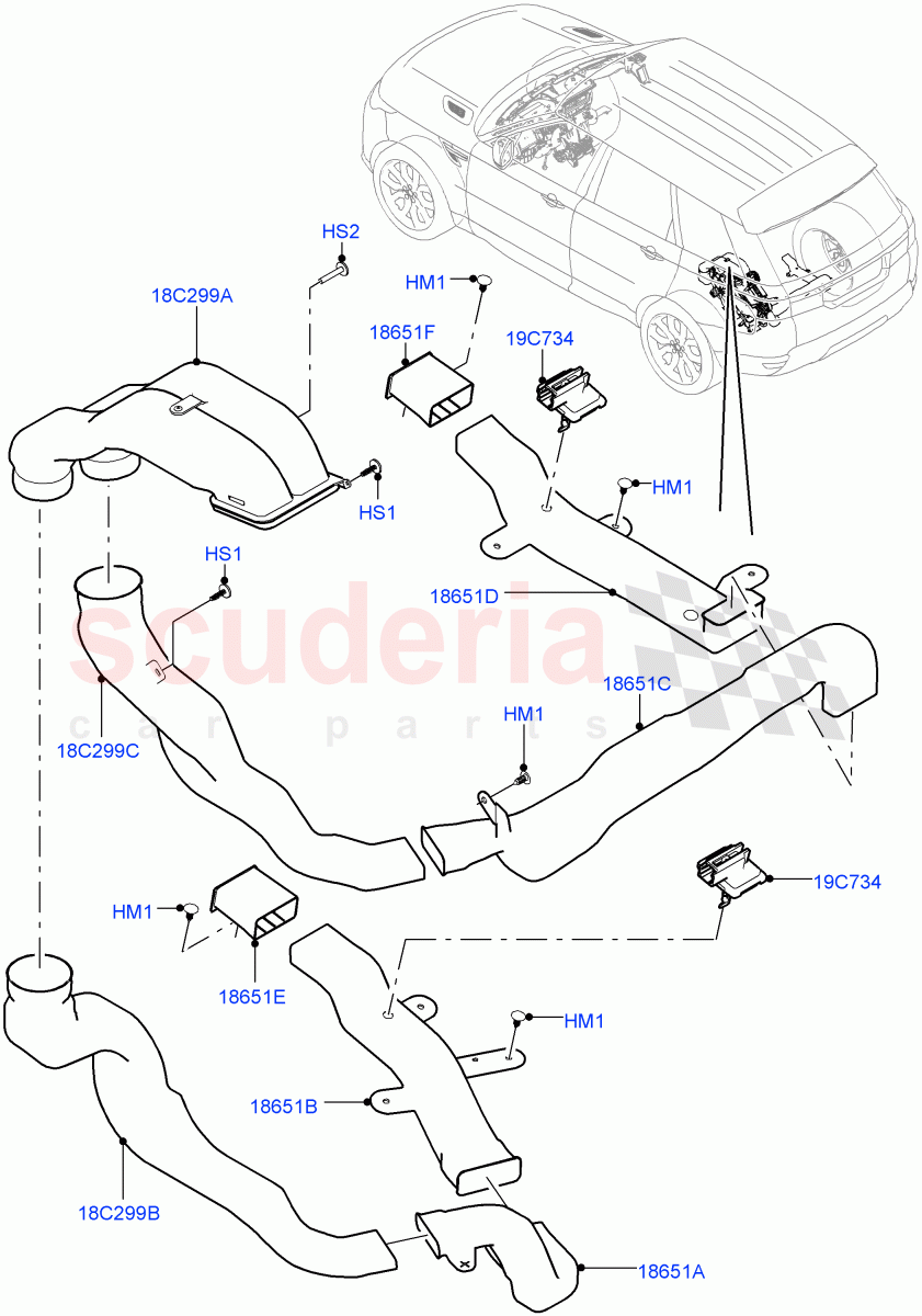 Air Vents, Louvres And Ducts (Internal Components, Under Rear Seat) (With 7 Seat Configuration, Premium Air Con Hybrid Front/Rear, With Air Conditioning - Front/Rear) ((V) TOJA999999) of Land Rover Land Rover Range Rover Sport (2014+) [2.0 Turbo Diesel]