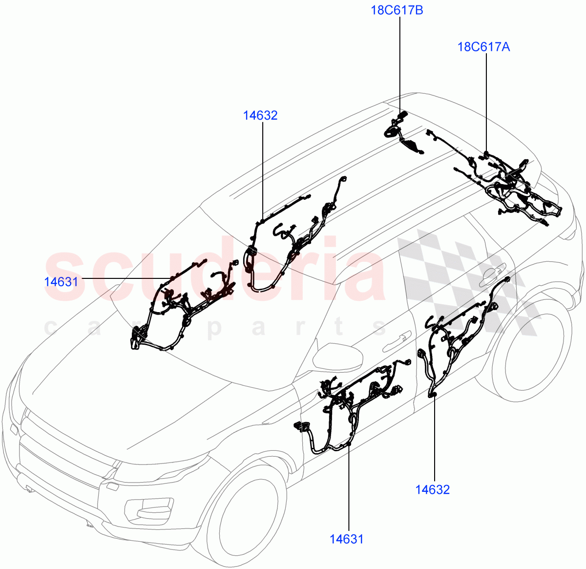 Wiring - Body Closures (Front And Rear Doors) (5 Door, Halewood (UK)) ((V) FROMGH000001, (V) TOGH999999) of Land Rover Land Rover Range Rover Evoque (2012-2018) [2.2 Single Turbo Diesel]