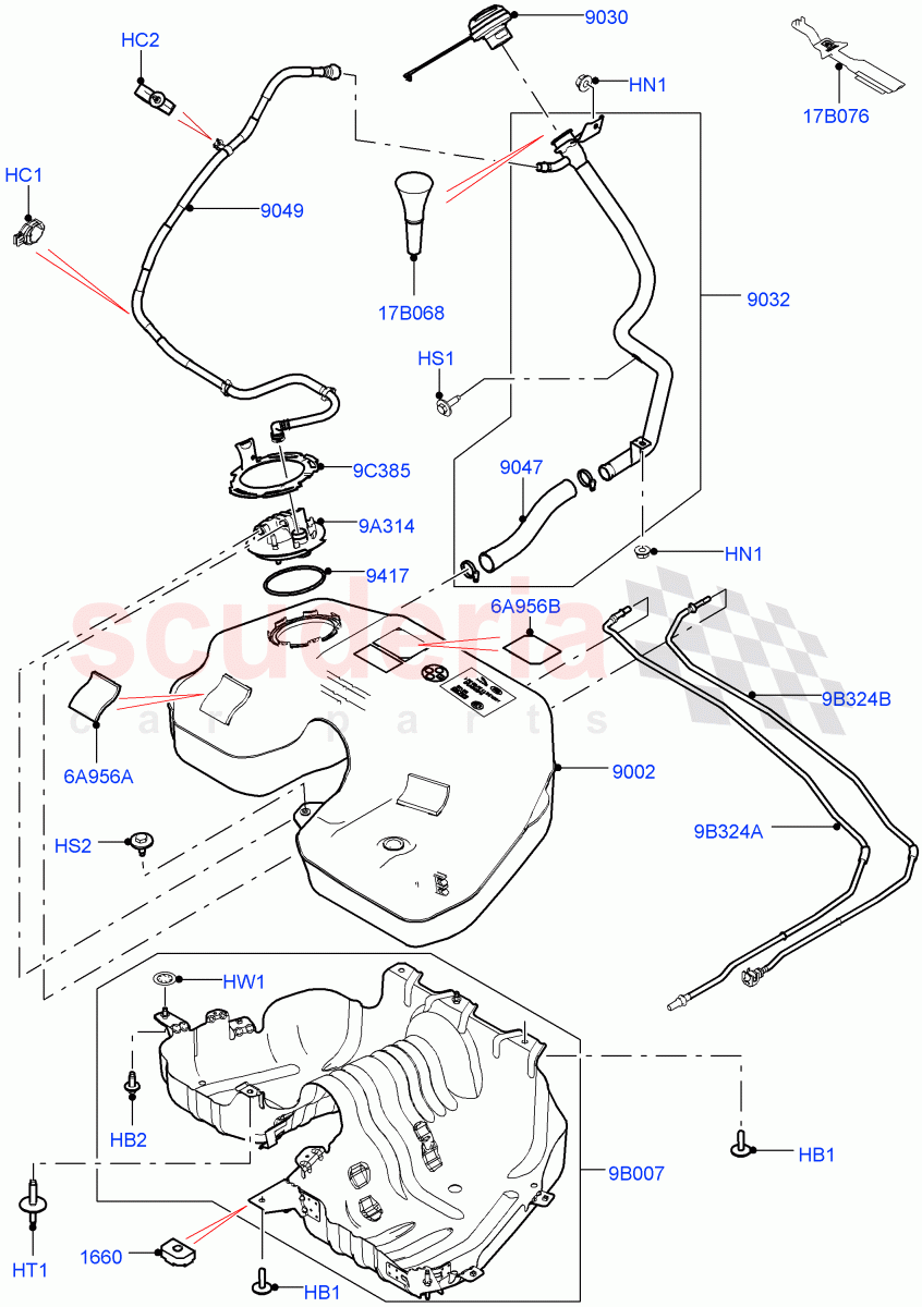 Fuel Tank & Related Parts (3.0L 24V V6 Turbo Diesel Std Flow, 3.0 V6 Diesel Electric Hybrid Eng, 3.0 V6 D Gen2 Twin Turbo, 3.0 V6 D Gen2 Mono Turbo, 3.0 V6 D Low MT ROW) ((V) FROMEA000001) of Land Rover Land Rover Range Rover (2012-2021) [3.0 Diesel 24V DOHC TC]