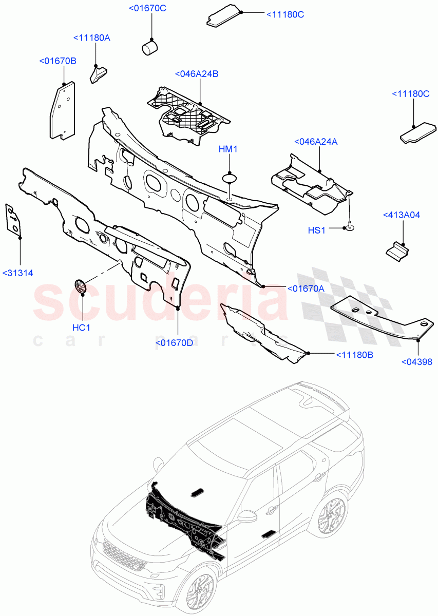 Insulators - Front (Passenger Compartment, Solihull Plant Build) ((V) FROMHA000001) of Land Rover Land Rover Discovery 5 (2017+) [3.0 DOHC GDI SC V6 Petrol]