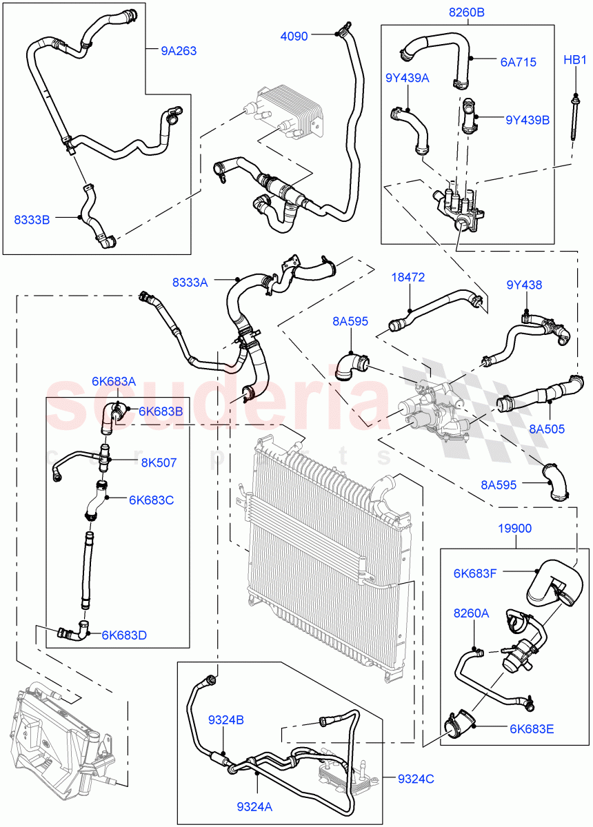 Cooling System Pipes And Hoses (3.6L V8 32V DOHC EFi Diesel Lion) ((V) FROM7A000001, (V) TO9A999999) of Land Rover Land Rover Range Rover Sport (2005-2009) [3.6 V8 32V DOHC EFI Diesel]