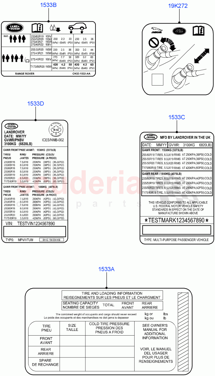 Labels (Solihull Plant Build, Tyre Pressure Label) ((V) FROMHA000001) of Land Rover Land Rover Discovery 5 (2017+) [2.0 Turbo Petrol AJ200P]