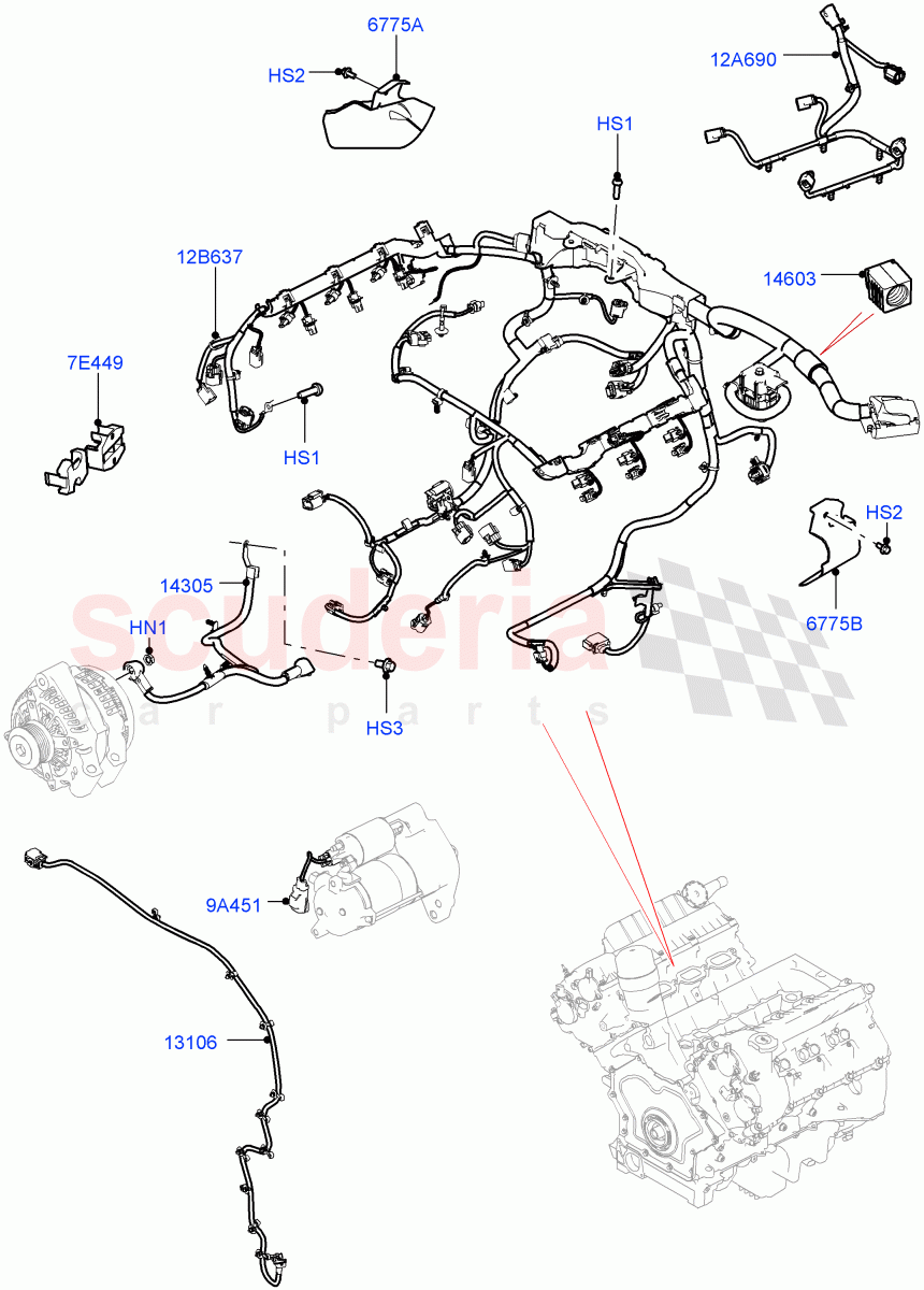 Engine Harness (Nitra Plant Build) (3.0L DOHC GDI SC V6 PETROL) ((V) FROMK2000001) of Land Rover Land Rover Discovery 5 (2017+) [3.0 DOHC GDI SC V6 Petrol]