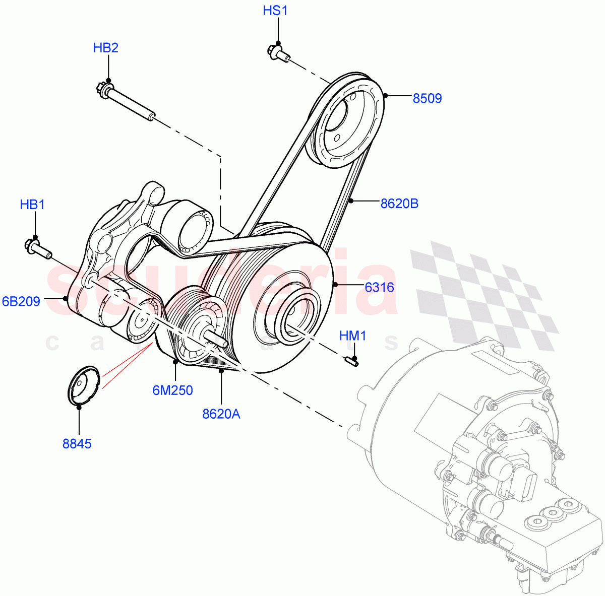 Pulleys And Drive Belts (1.5L AJ20P3 Petrol High PHEV, Halewood (UK)) ((V) FROMLH000001) of Land Rover Land Rover Range Rover Evoque (2019+) [1.5 I3 Turbo Petrol AJ20P3]