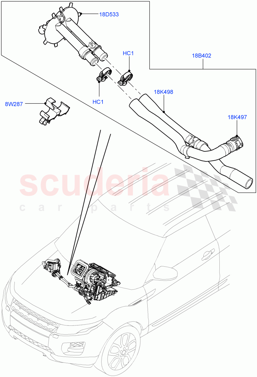 Auxiliary Heater Hoses (2.0L 16V TIVCT T/C 240PS Petrol, Halewood (UK), With Fuel Fired Heater, 2.2L CR DI 16V Diesel, Fuel Fired Heater With Park Heat, 2.0L 16V TIVCT T/C Gen2 Petrol, 2.0L I4 DSL MID DOHC AJ200, Fuel Heater W/Pk Heat With Remote) of Land Rover Land Rover Range Rover Evoque (2012-2018) [2.0 Turbo Petrol AJ200P]