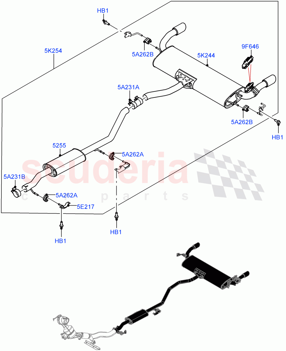 Rear Exhaust System (2.0L I4 Mid DOHC AJ200 Petrol, With 5 Seat Configuration, Dual Exhaust, 2.0L I4 Mid AJ200 Petrol E100) ((V) FROMJH000001) of Land Rover Land Rover Discovery Sport (2015+) [2.0 Turbo Petrol AJ200P]