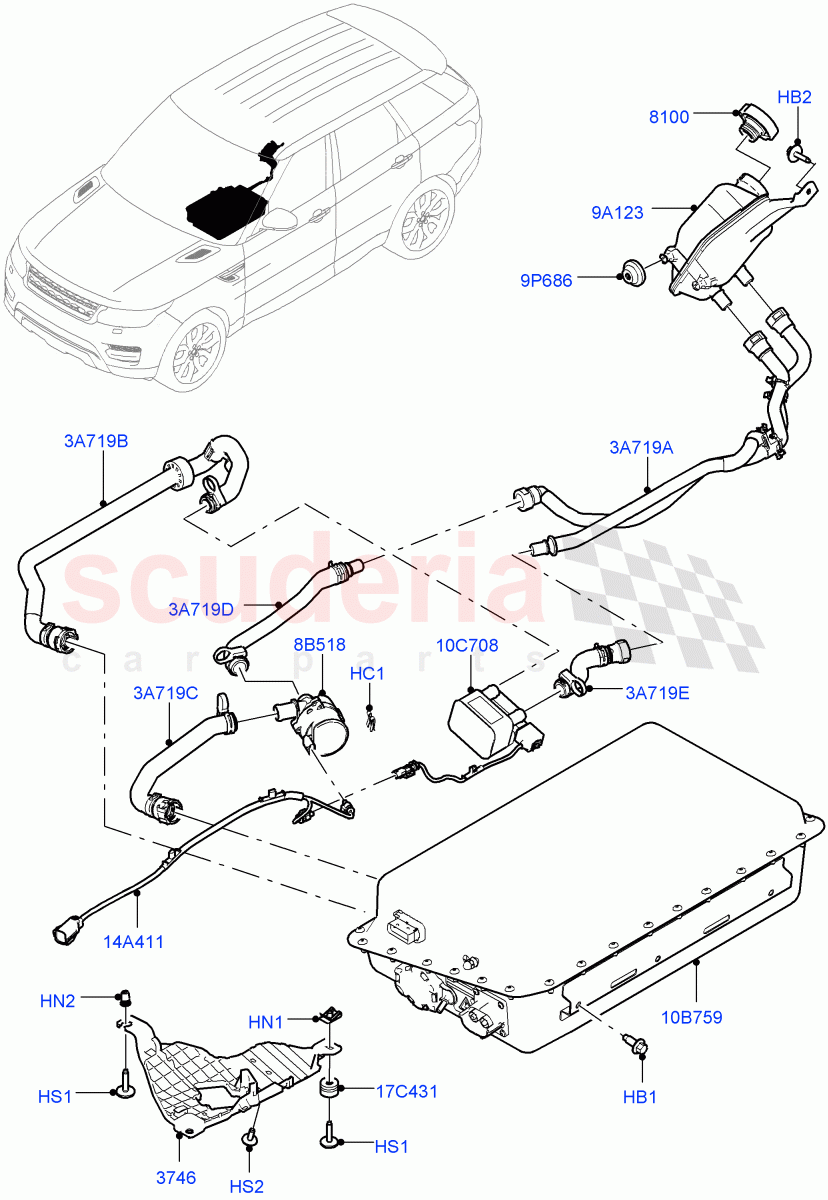Hybrid Electrical Modules (Battery And Cooling) (3.0 V6 Diesel Electric Hybrid Eng, 8 Speed Auto Trans ZF 8HP70 HEV 4WD, 3.0 V6 D Gen2 Twin Turbo, 3.0 V6 D Gen2 Mono Turbo) ((V) FROMEA000001) of Land Rover Land Rover Range Rover Sport (2014+) [2.0 Turbo Diesel]