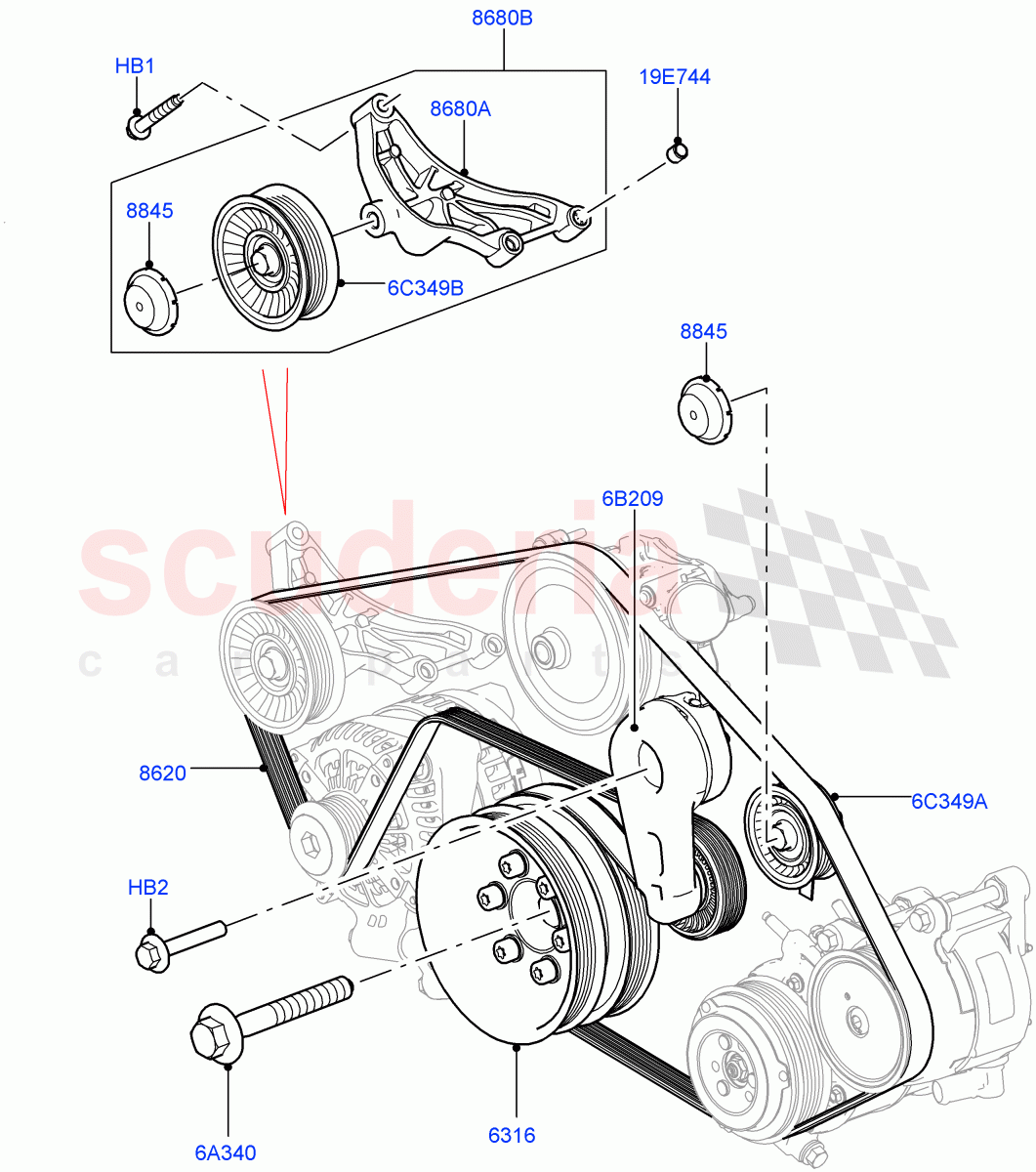 Pulleys And Drive Belts (Primary Drive) (5.0L P AJ133 DOHC CDA S/C Enhanced, Electronic Air Suspension With ACE, 5.0 Petrol AJ133 DOHC CDA, Sport Suspension w/ARC) ((V) FROMKA000001) of Land Rover Land Rover Range Rover Sport (2014+) [5.0 OHC SGDI SC V8 Petrol]
